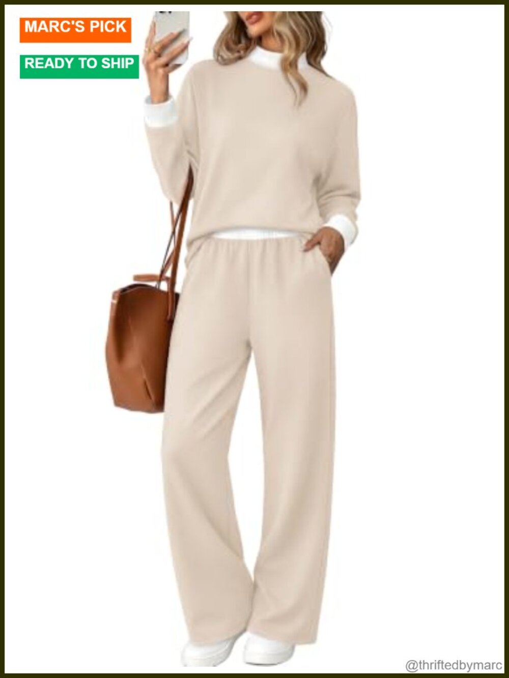 Cozy Two Piece Lounge Set Mock Neck Long Sleeve Wide Leg Pants with Pockets
